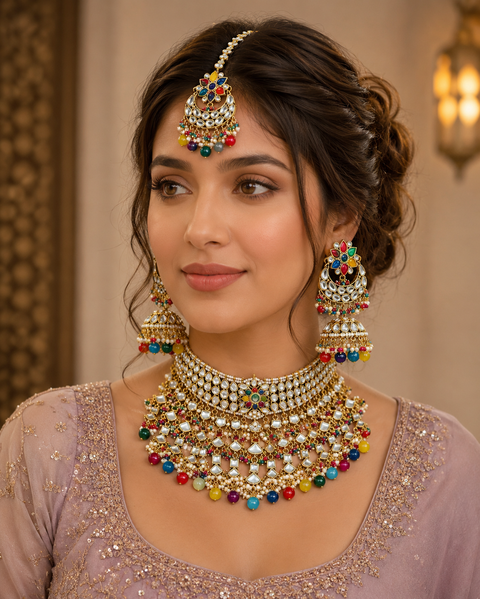 Kundan with pearls work beautiful heavy work necklace with designer Jhumka Earrings and Tikka