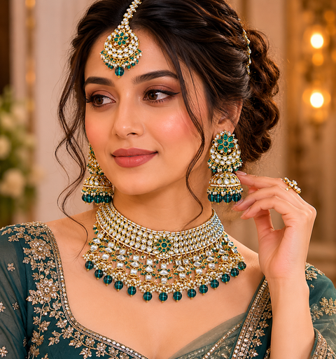 Kundan with pearls work beautiful heavy work necklace with designer Jhumka Earrings and Tikka