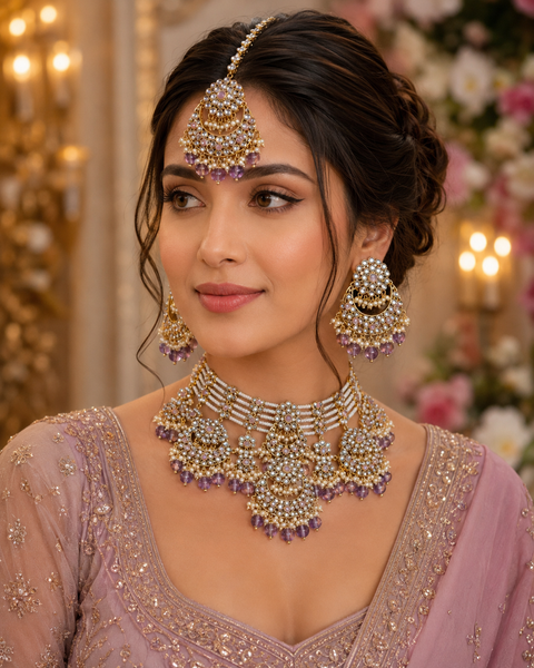 Kundan with pearls work beautiful heavy work necklace with designer Jhumka Earrings and Tikka