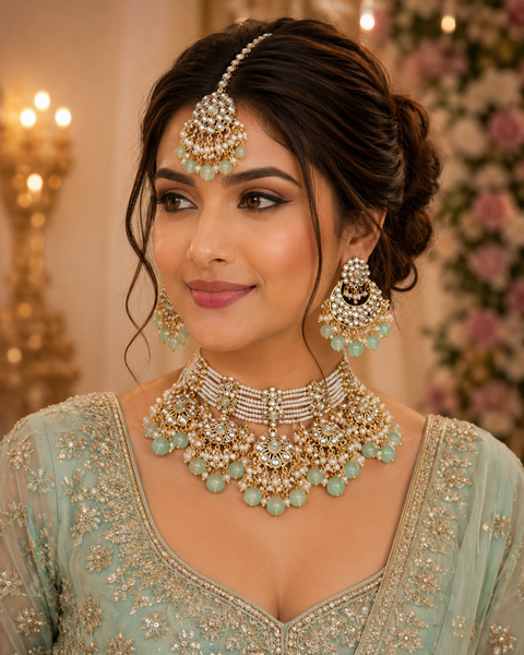 Kundan with pearls work beautiful heavy work necklace with designer Jhumka Earrings and Tikka