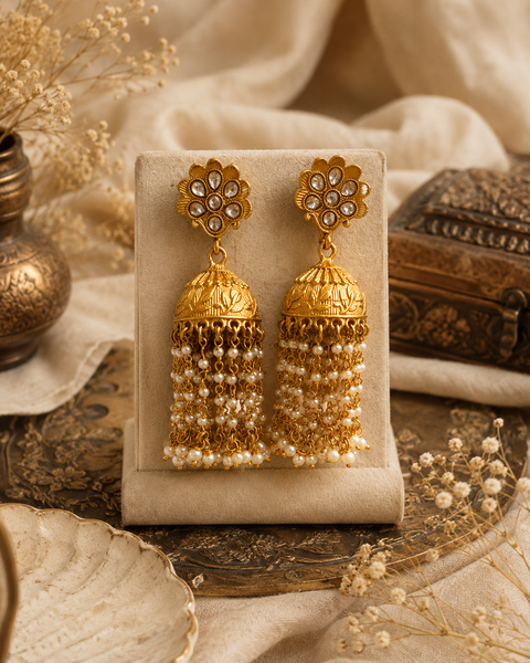 Mat Look Golden polki stone with pearls work beautiful Jhumka