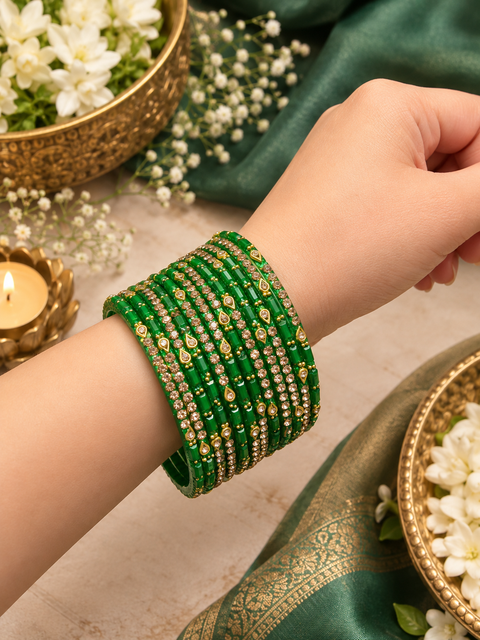 Bottle Green color Elegant glass bangles featuring a premium handcrafted design with sparkling stone and gold detailing(slight variation in color and design is possible) one dozen bangles per set (price per set)