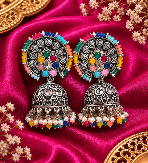 Multicoloured stone with pearls work beautiful oxidised jhumka