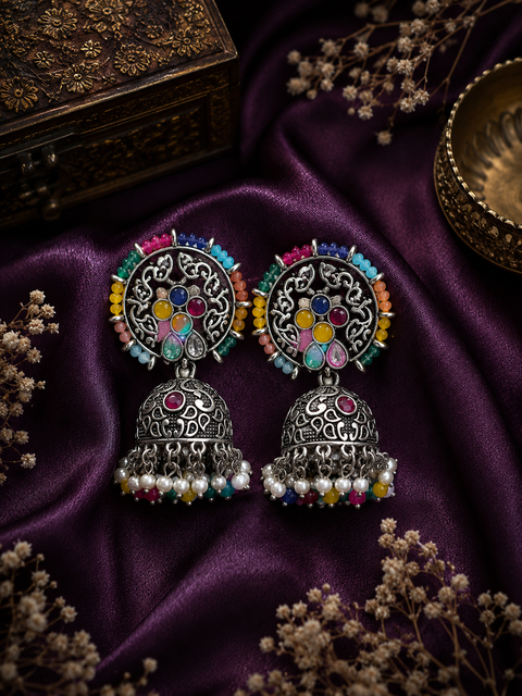 Multicoloured stone with pearls work beautiful oxidised jhumka