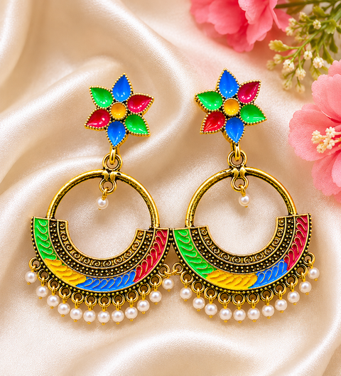Beautiful Oxidised earrings with multicoloured pearls (slight variation in colour and design is possible)