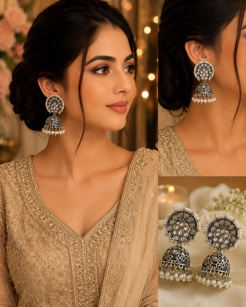 Kundan stone with pearls work beautiful oxidised jhumka