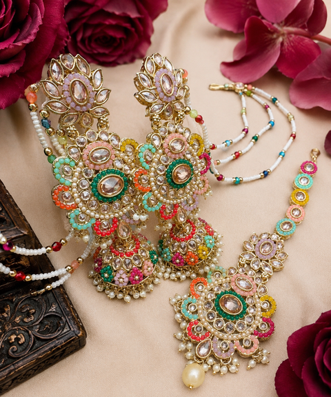 Original Polki with multicoloured beautiful pearls heavy Jhumka Earrings with Sahare and tikka (slight variance in color is possible)