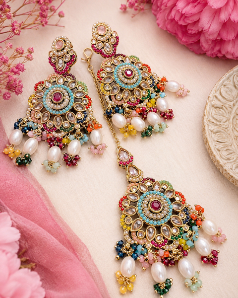 Original Polki with multicoloured beautiful pearls heavy Jhumka Earrings with Sahare and tikka(slight variance in color is possible)