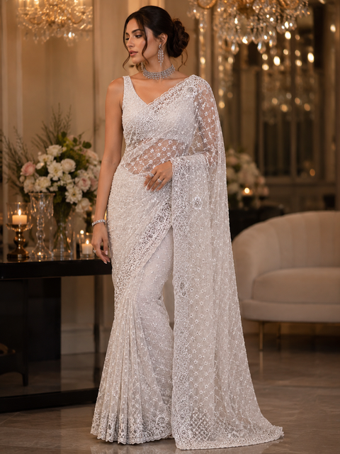 Bollywood style heavy work designer Saree with netting base fabric and stones with mirror work design all over with embroidery work (Blouse Piece Worn By Model Is For Reference Only, Blouse Piece Attached To Saree) Slight Variation In Color And Design)