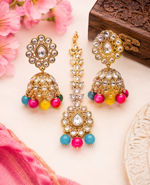 Multicoloured Pearls with kundan stone beautiful Jhumka with tikka set