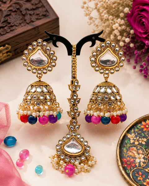 Multicoloured & White Pearls with kundan stone beautiful Jhumka with tikka set
