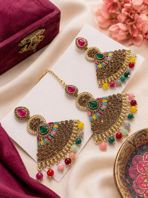 Multicoloured jerkan stone earrings with tika set