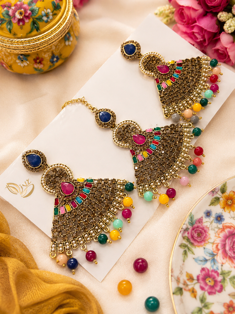Multicoloured jerkan stone earrings with tika set