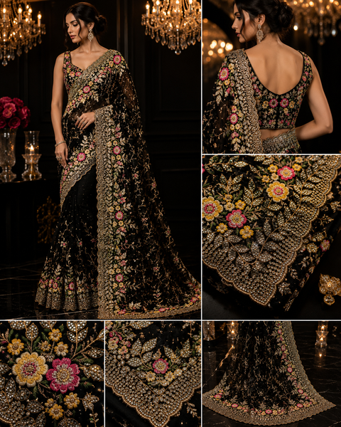 Bollywood style heavy work designer Saree with netting base fabric and stones work design all over with embroidery work (Blouse Piece Worn By Model Is For Reference Only, Blouse Piece Attached To Saree) Slight Variation In Color And Design)