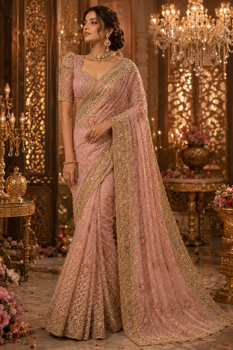 Heavy work designer Heavy Stone Work & Embroidery Jaal Work Beautiful Netting Designer Saree & Embroidery Work Blouse design,Blouse Piece Worn By Model Is For Reference Only,Blouse Piece Attached To Saree) Slight Variation in color & design is possible)