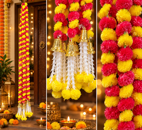 Brighten your home this Diwali with this vibrant floral décor ladi, beautifully adorned with colourful flowers, golden bells, and elegant white tassels.(slight variation in color and design is possible) price is for each ladi .lenth is around 132 CMS