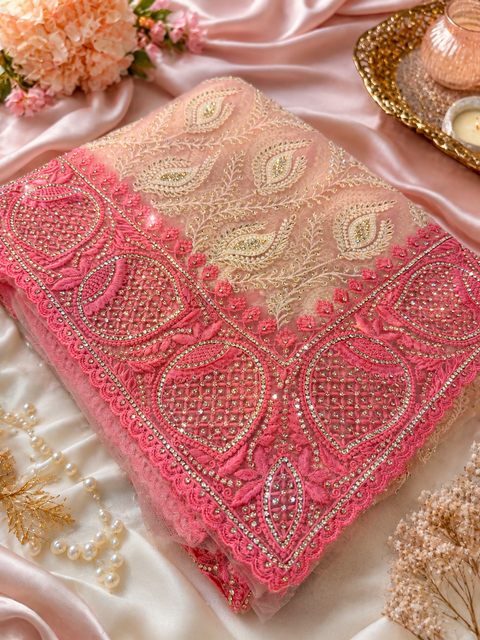 (Video Clip attached ) Very heavy work designer Pink Colour Heavy Stone Work & Embroidery Jaal Work Beautiful Netting Designer Saree And Embroidery Work Blouse design