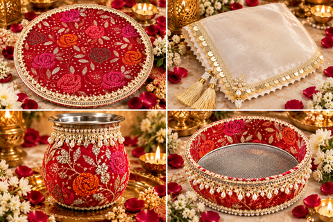 Elegant Karwa Chauth Thali Set with red floral embroidery, pearl detailing and matching thali, channi, kalash and cover cloth. Slight variation in colour and design is possible.