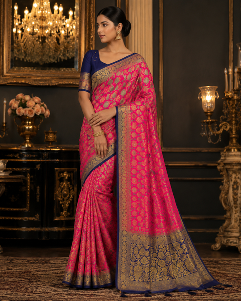 Elegant Art Silk Saree adorned with delicate zari-woven butis, a rich pallu and graceful tassel detailin,Comes with an unstitched running blouse piece attached to the saree (slight variation in color and design is possible
