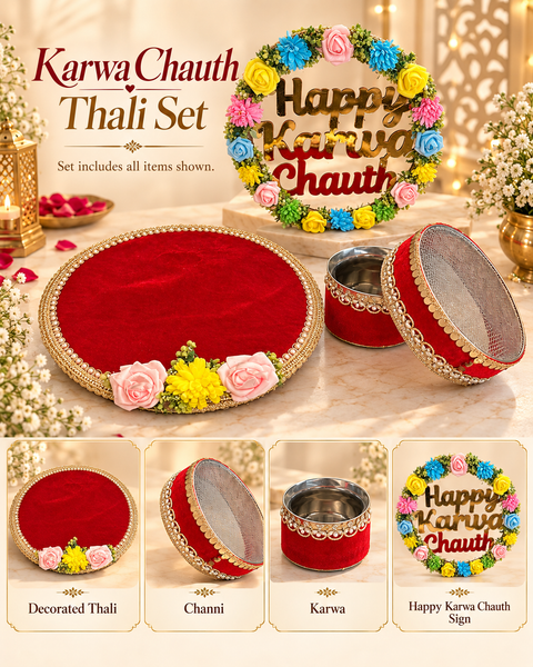 Elegant Karwa Chauth Thali Set in a vibrant red and gold theme, beautifully enhanced with floral accents and a decorative “Happy Karwa Chauth” backdrop. This coordinated set includes a matching thali, channi, kalash and festive stand, making it a perfect