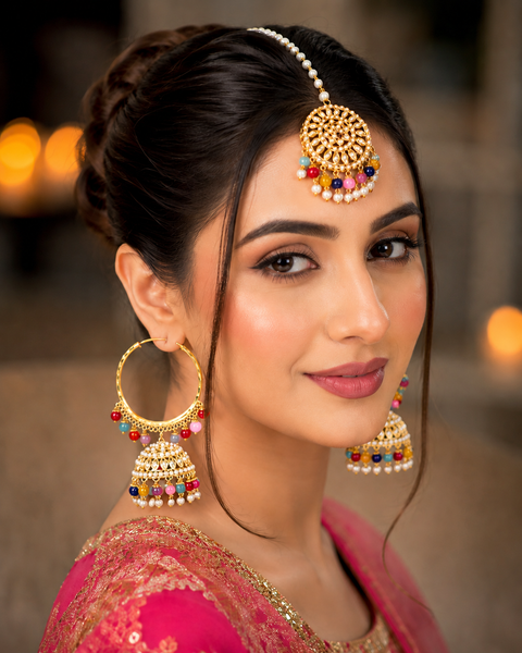 Multicolour pearls work Jadau work Beautiful jhumka balian with tikka set