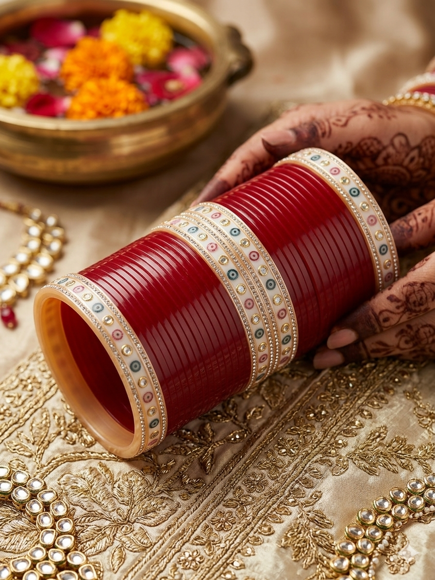 Cherry color Small size chooda set for both hands with elegant red ban ...