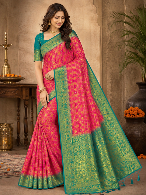 Elegant Art Silk Saree adorned with delicate zari-woven butis, a rich pallu and graceful tassel detailin,Comes with an unstitched running blouse piece attached to the saree (slight variation in color and design is possible