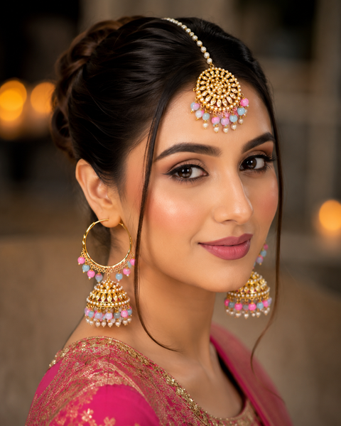 Lite Pink & Blue colour pearls work Jadau work Beautiful jhumka balian with tikka set