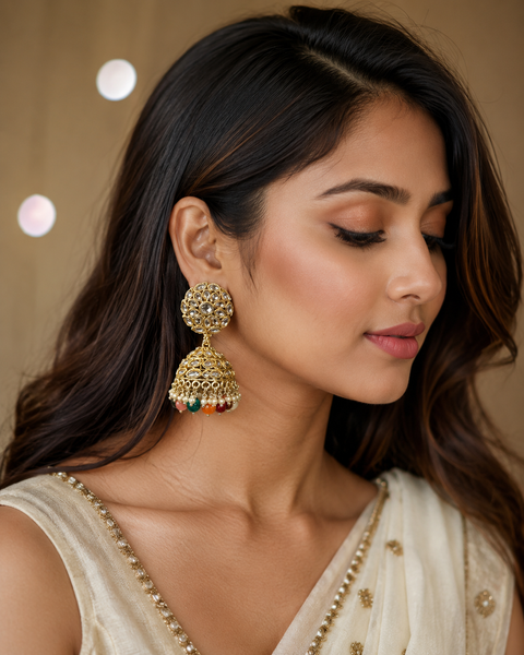 Golden Jerkan stone with multicoloured pearls work beautiful Jhumka