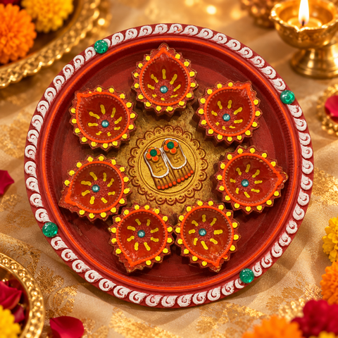 Handcrafted and hand-painted clay diya stand, perfect for Diwali décor and puja. Slight variations in colour, design and texture may occur, with minor natural surface lines due to the handmade clay finish.