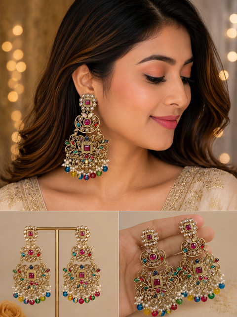 Original Polki with beautiful pearls heavy look Earrings with lite weight