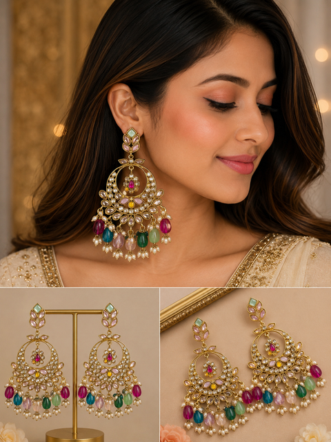 Original Polki with beautiful pearls heavy look Earrings with lite weight