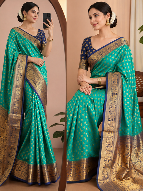 Art Silk Saree in a vibrant shade, adorned with elegant zari woven motifs and a rich border, The blouse piece is attached with the saree . Slight variation in color and design is possible