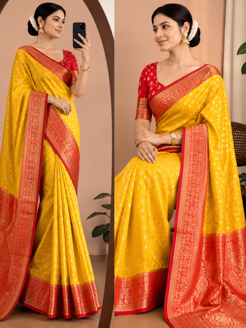 Art Silk Saree in a vibrant shade, adorned with elegant zari woven motifs and a rich border, The blouse piece is attached with the saree . Slight variation in color and design is possible