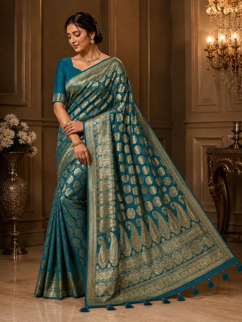 Banarasi Silk Saree Featuring Elegant Zari Weaving & stone work with tessels on Pallu Saree Comes With An Attached Blouse Piece. Model Blouse Is For Reference Only. Slight Variation In Colour And Design May Occur