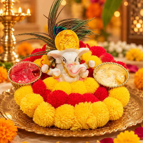Handcrafted festive Ganesha décor with vibrant pom-poms, golden detailing and attached bowls. Kumkum and rice included. Perfect for puja, Diwali décor and gifting.