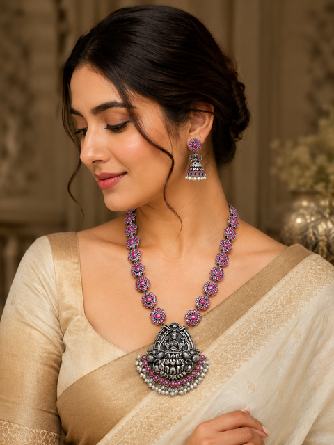 Lakshmi ji statue design Beautiful work oxidised necklace with earrings