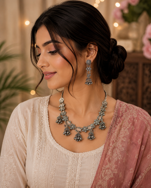 Beautiful work oxidised heavy necklace with earrings
