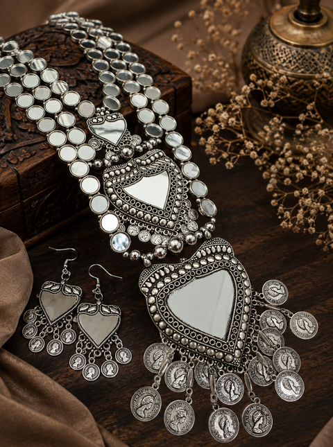 Beautiful work oxidised heavy necklace with earrings