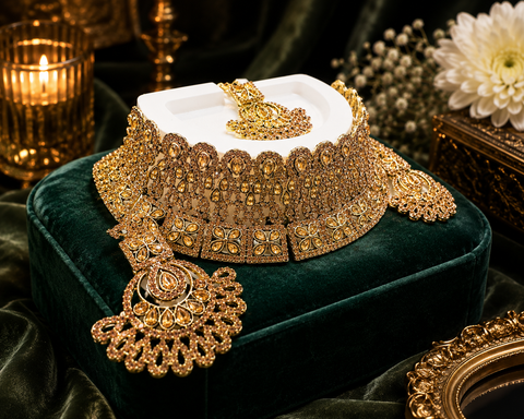 Golden Jerkan Stone Beautiful choker Necklace Set (slight variation in color and design is possible)