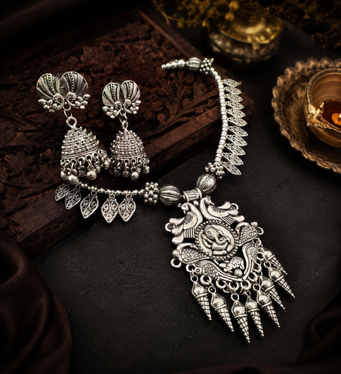 Ganesha Statue Beautiful work oxidised Necklace with earrings