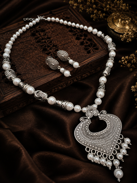 Beautiful Pearls work oxidised Necklace with earrings