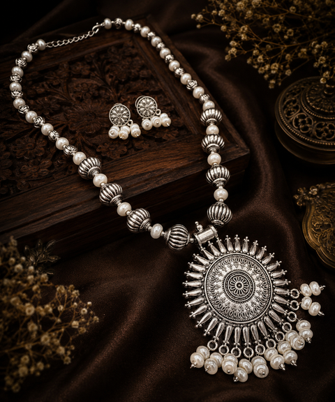Beautiful Pearls work oxidised Necklace with earrings