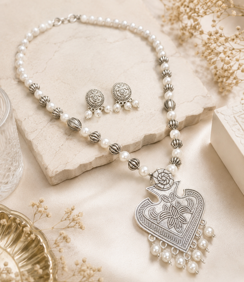 Beautiful Pearls work oxidised Necklace with earrings