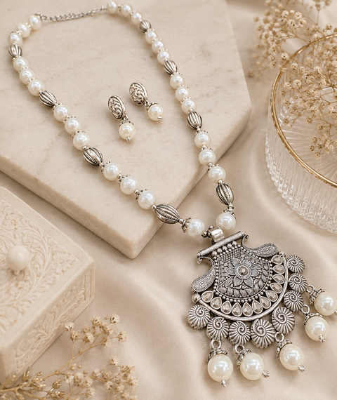 Beautiful Pearls work oxidised Necklace with earrings