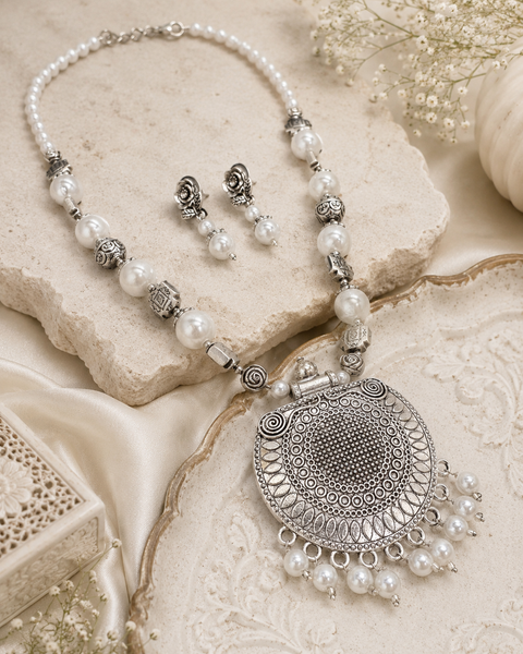 Beautiful Pearls work oxidised Necklace with earrings