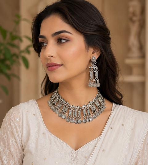 Beautiful work oxidised choker with earrings