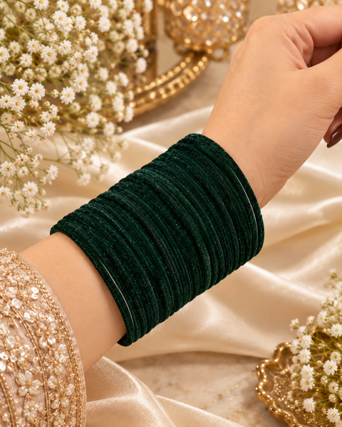 Elegant velvet bangles in a rich Kai Green shade, perfect for festive, bridal and traditional looks. Each pack includes 3 dozen bangles (36 pieces). Price is per pack. Slight variation in colour may be possible