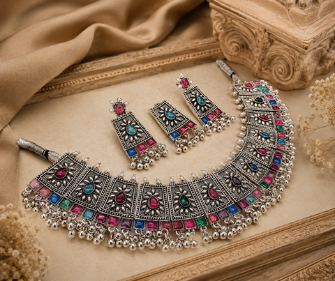 Multicoloured Beautiful work oxidised Necklace with earrings (slight variation in design is possible)