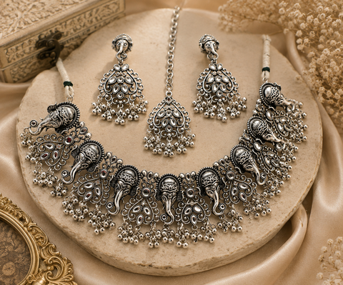 Ganesh Ji design Beautiful Oxidised Necklace with Earrings